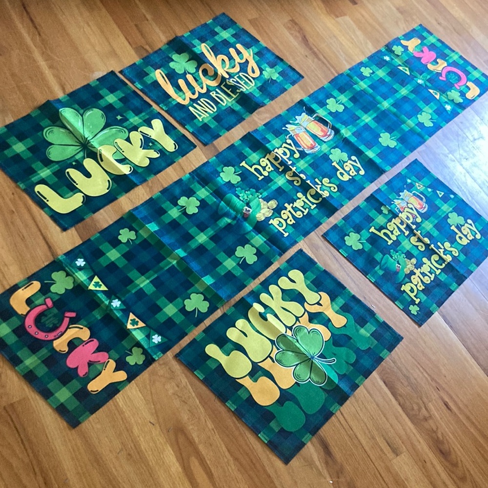 Happy St Patrick’s Day Lucky Plaid Table Runner & Four Placemats Bundle New